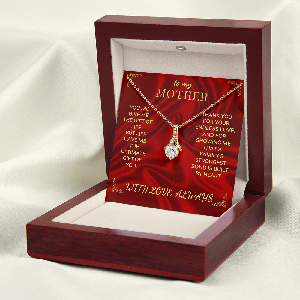Necklace gift box with red card 'To my Mother' and gold-tone crystal heart pendant