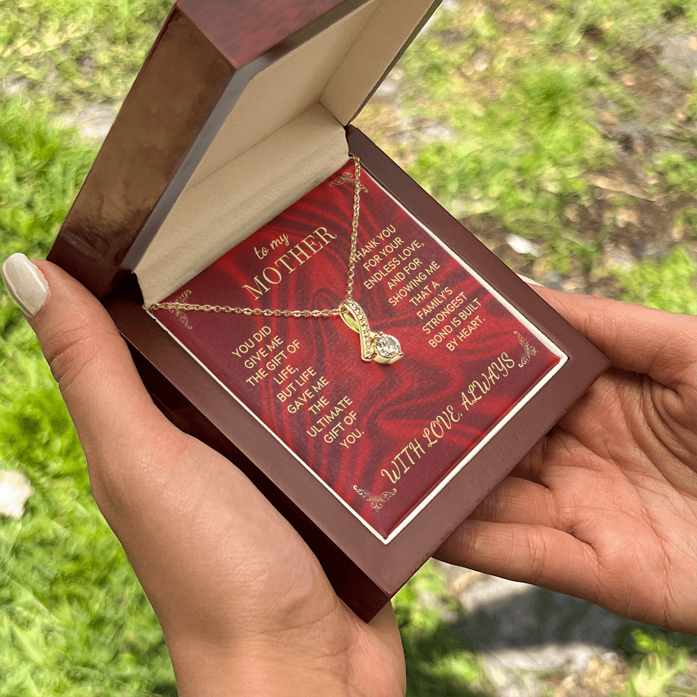 Open necklace gift box in hand; red card reads 'To my Mother' with gold-tone pendant