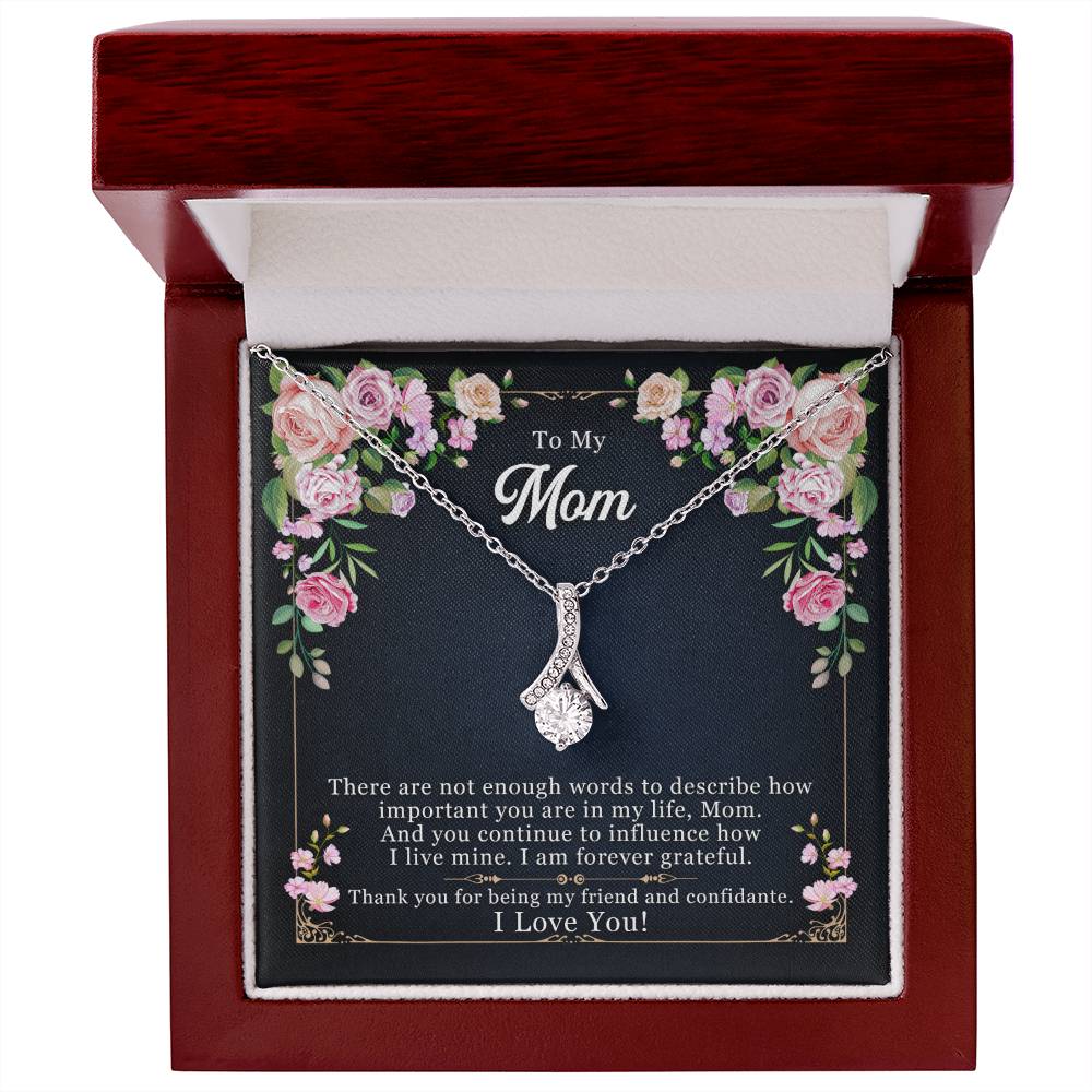 Silver-tone mom pendant necklace in red wooden gift box with floral card