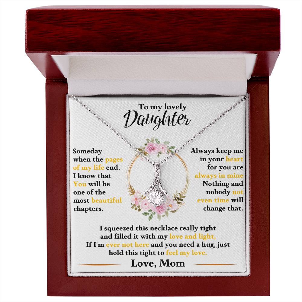 Silver-tone daughter keepsake necklace in red gift box with floral heart charm pendant