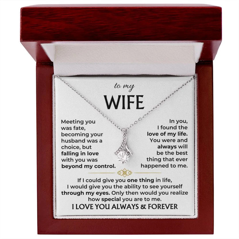 Silver-tone pendant necklace in red gift box with 'to my WIFE' message card