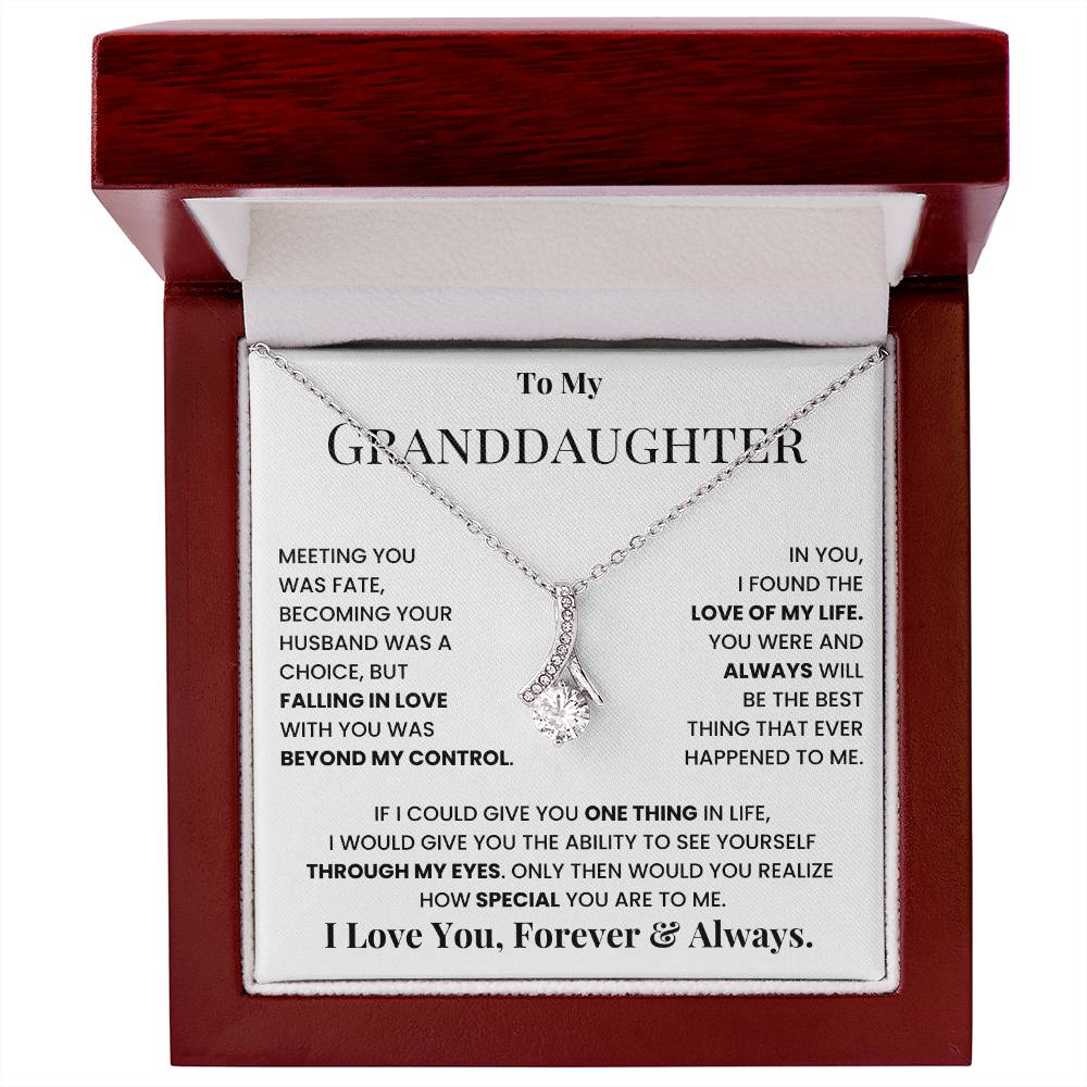 Silver-tone teardrop crystal pendant necklace inside message gift box with red lid