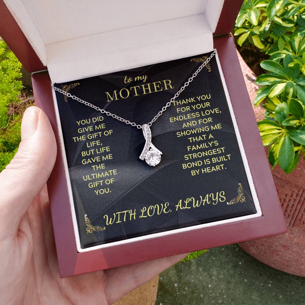 Mother necklace on black card in purple gift box, layered chain with teardrop charm pendant