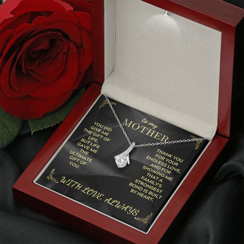 Mother necklace in red gift box, silver chain with teardrop charm pendant on black insert