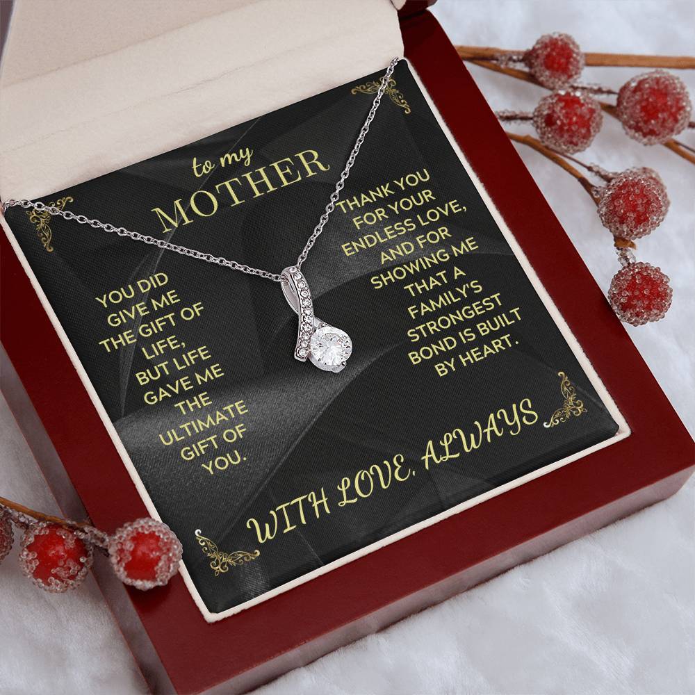 Mother necklace in red gift box, silver chain with teardrop charm pendant on black card