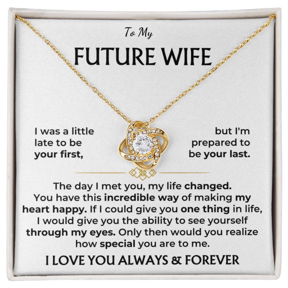 Gold-tone heart pendant necklace with “Future Wife” message card in gift box