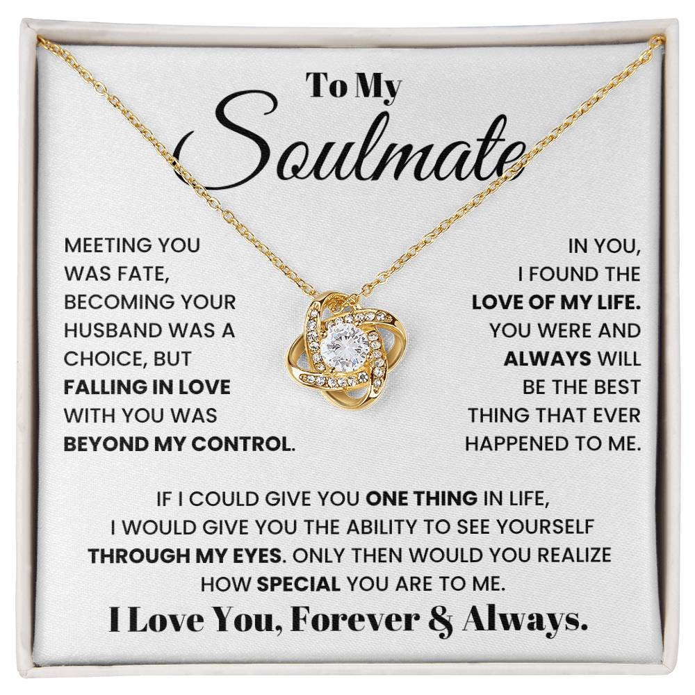Soulmate heart pendant necklace with gold chain in gift box, message card inside.