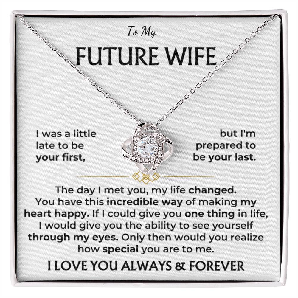 Silver-tone heart pendant necklace displayed on “Future Wife” message card
