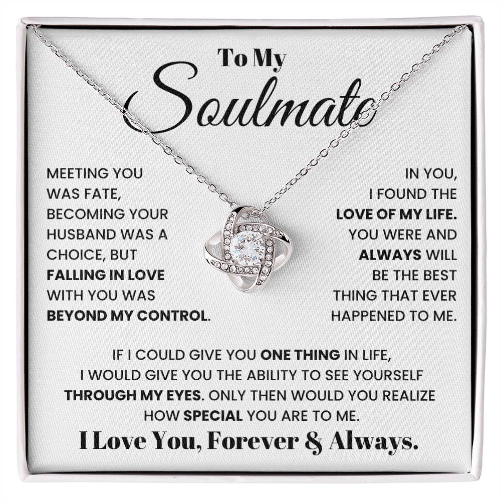 Soulmate heart pendant necklace with silver chain on message card in gift box.
