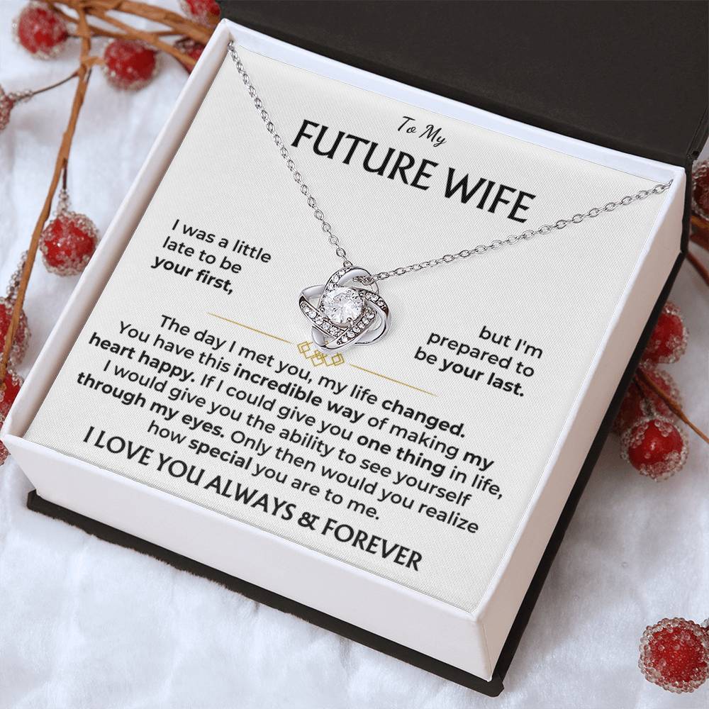 Silver-tone heart pendant necklace with “Future Wife” message card in gift box