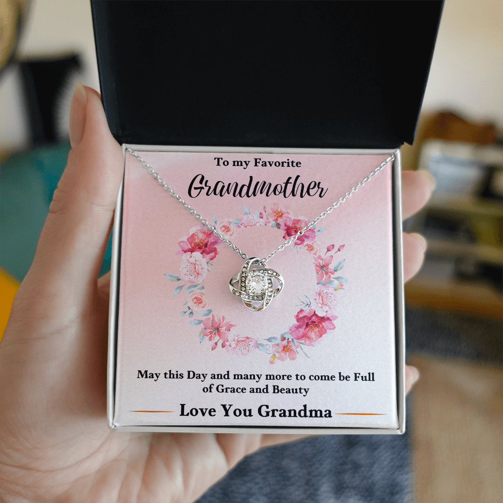 Silver love-knot pendant necklace in pink floral keepsake box for grandmother