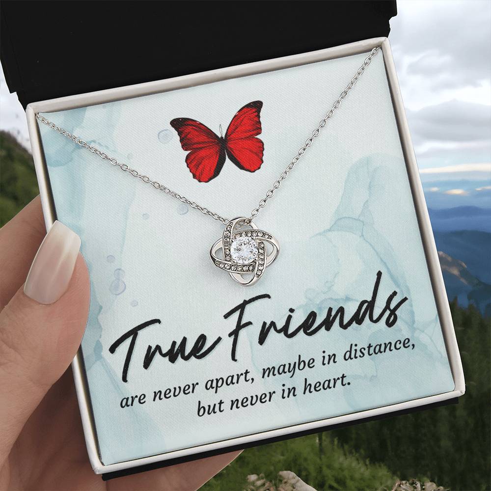 Silver love knot necklace with red butterfly pendant in gift box