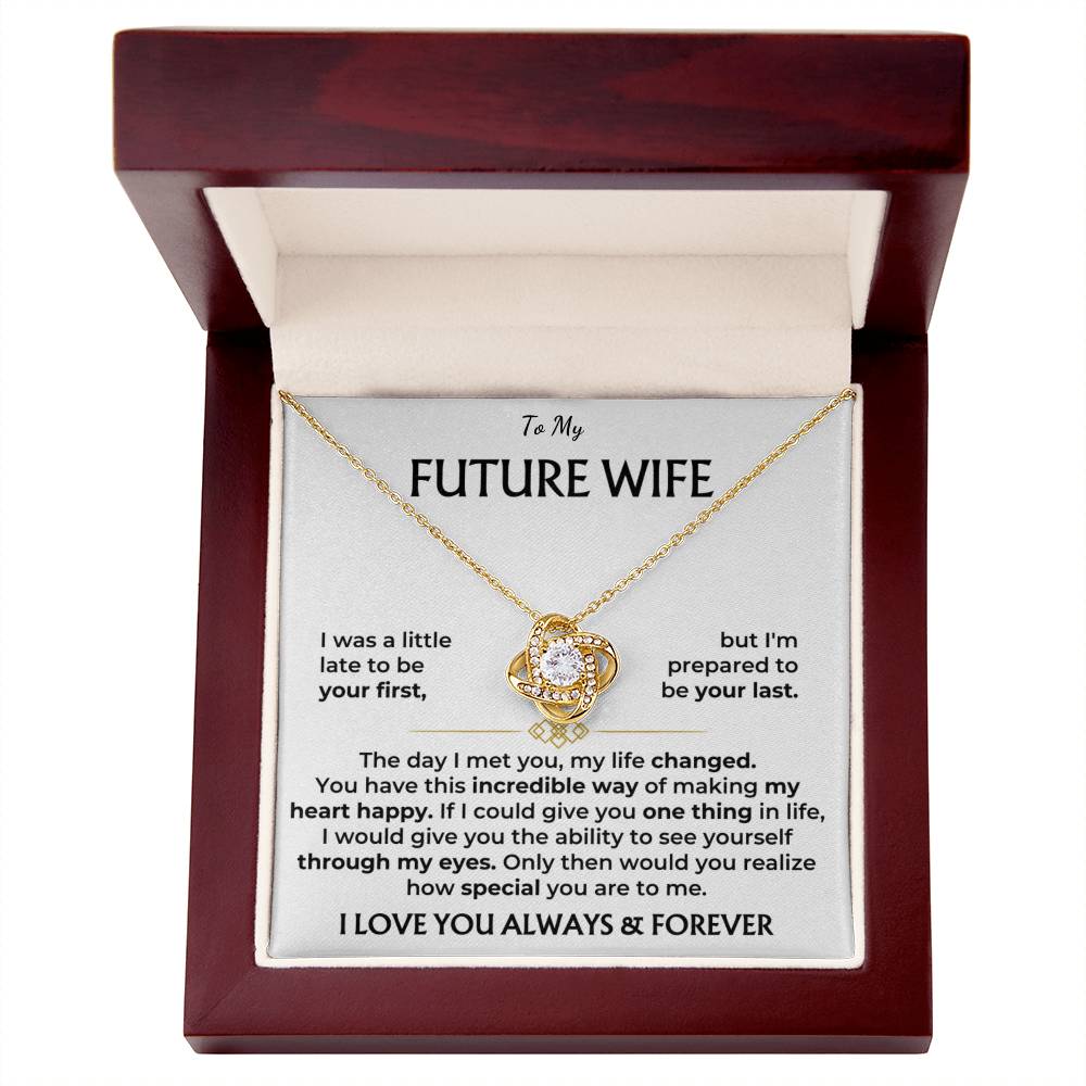 Gold-tone heart pendant necklace in “Future Wife” gift box with open lid
