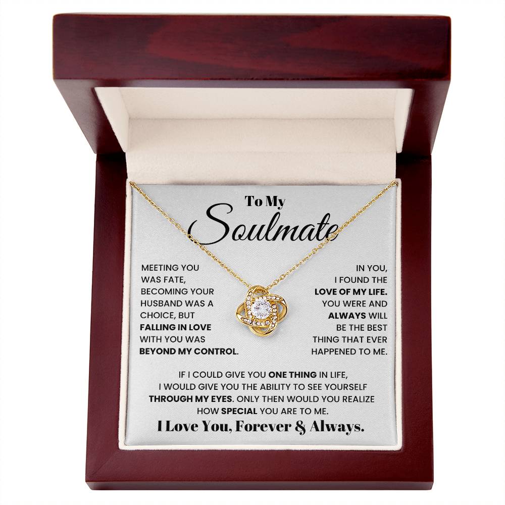 Soulmate heart pendant necklace with gold chain in red gift box, message card.