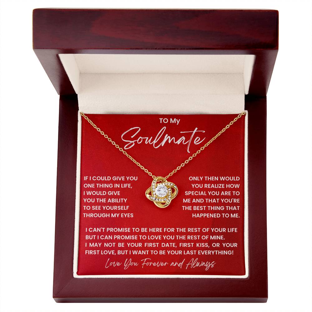 Gift box open to heart pendant necklace and red “To my Soulmate” card insert