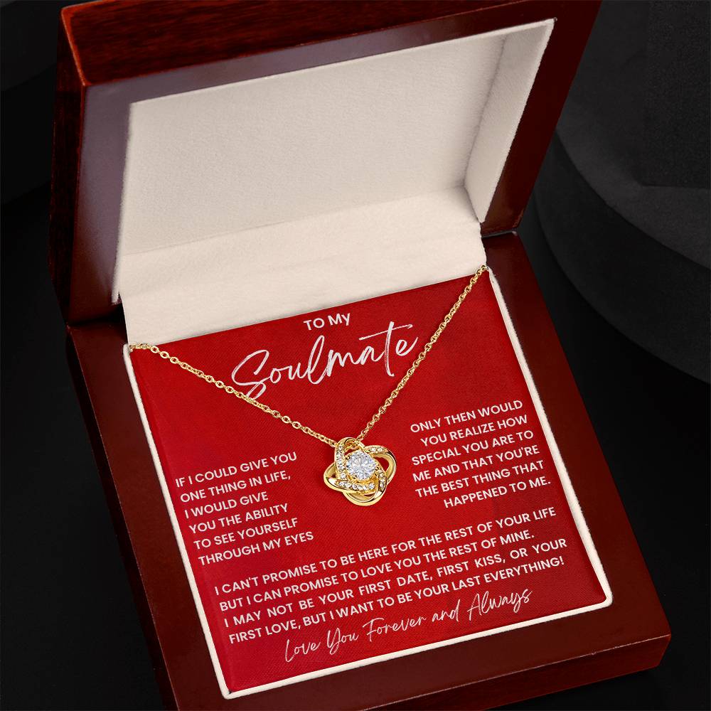 Necklace in open wooden gift box with red “To my Soulmate” message card