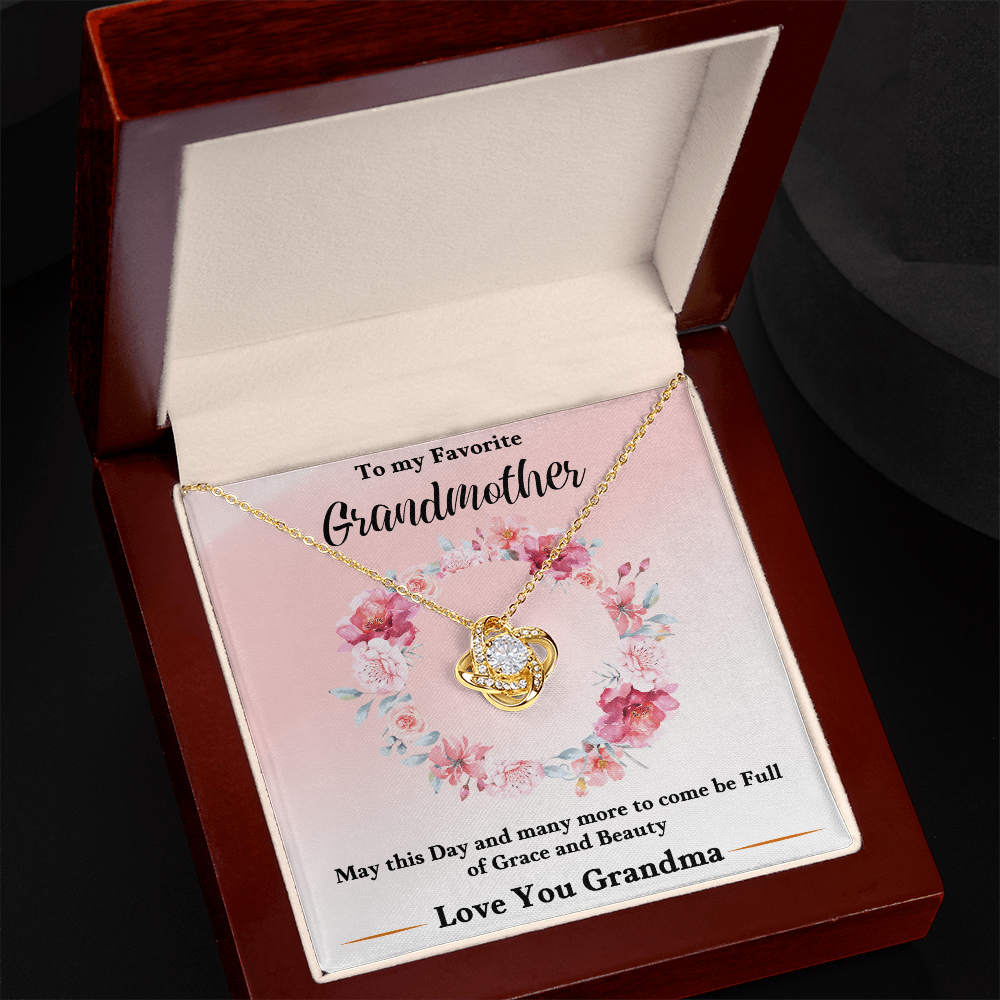 Gold love-knot pendant necklace in pink floral keepsake box for grandmother