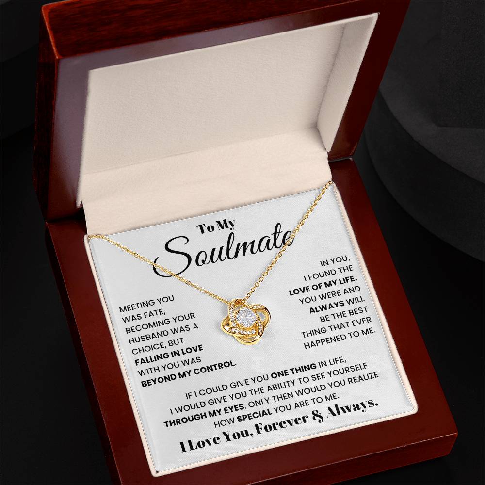 Soulmate heart pendant necklace with gold chain in open gift box, message card.