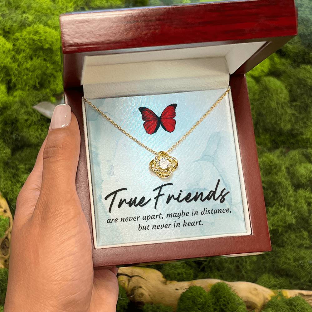 Friendship necklace inside red jewelry box with red butterfly pendant and gold knot charm
