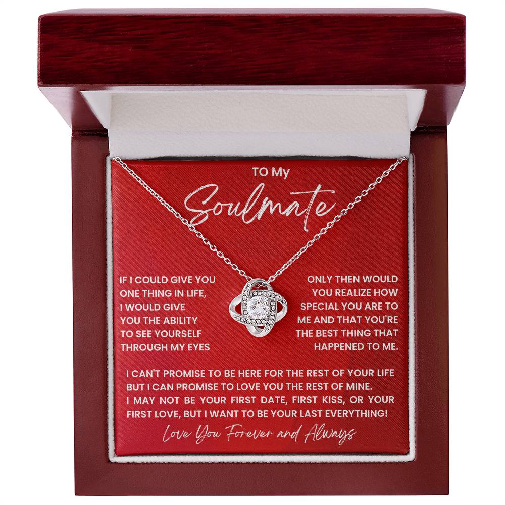Soulmate heart pendant necklace inside wooden gift box with red message insert