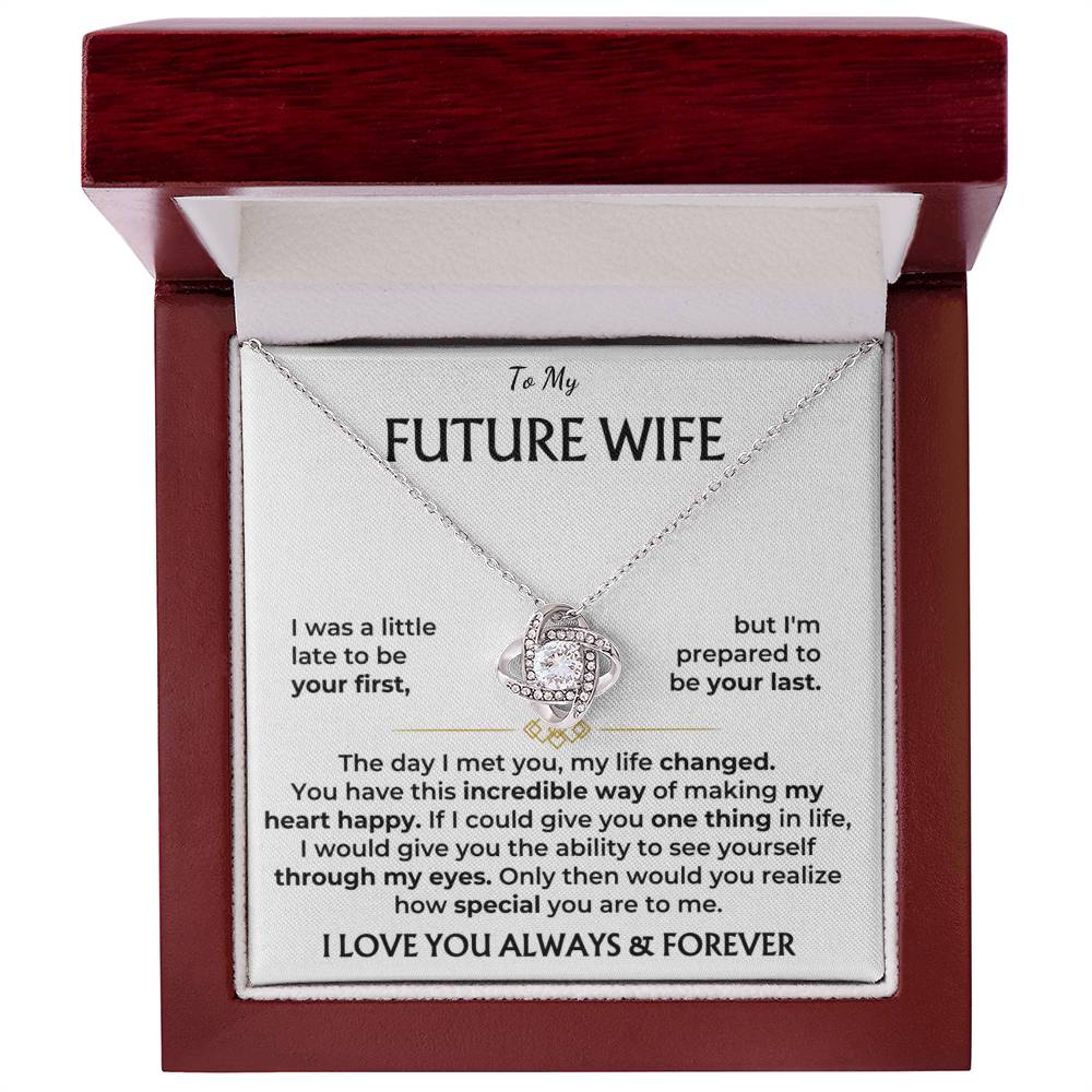 Silver-tone heart pendant necklace in “Future Wife” gift box with open lid