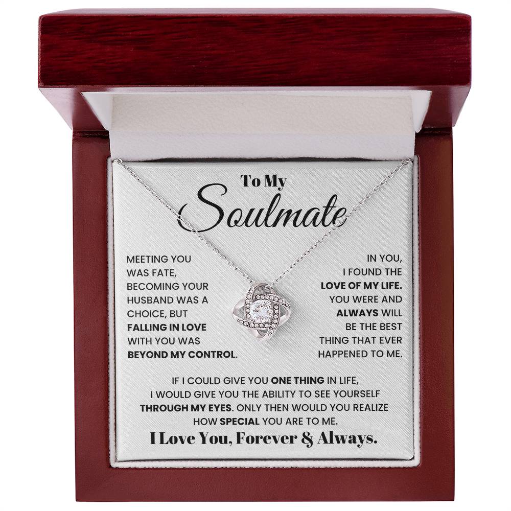 Soulmate heart pendant necklace with silver chain in red gift box, message card.