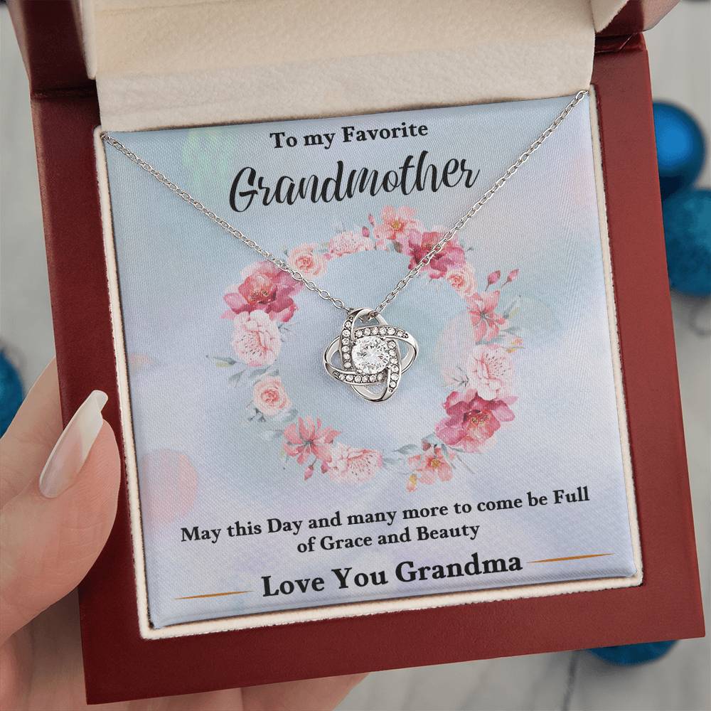 Silver-tone heart love knot necklace pendant with chain in gift box with floral art