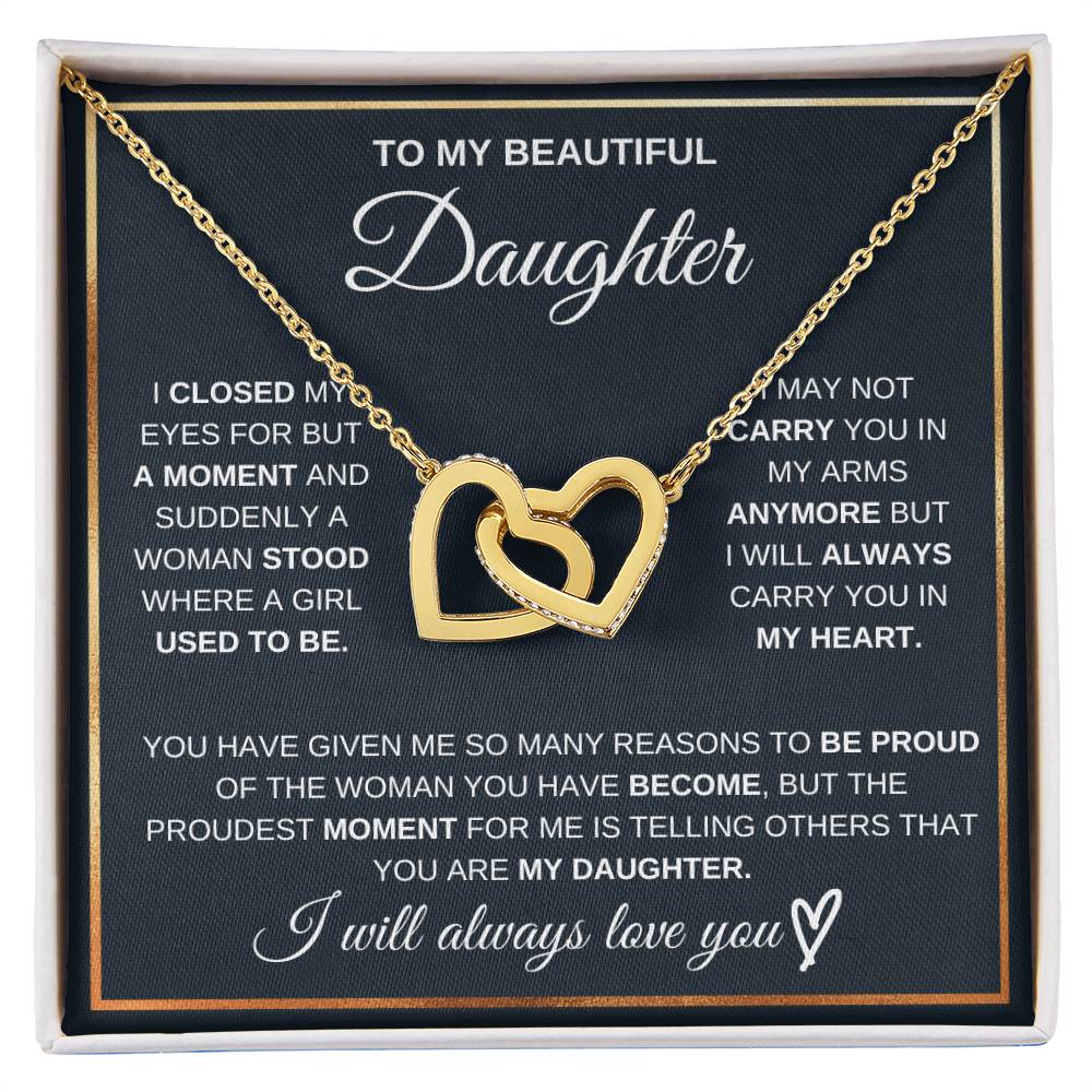 Daughter heart pendant necklace with gold heart charm on gold chain, gift box