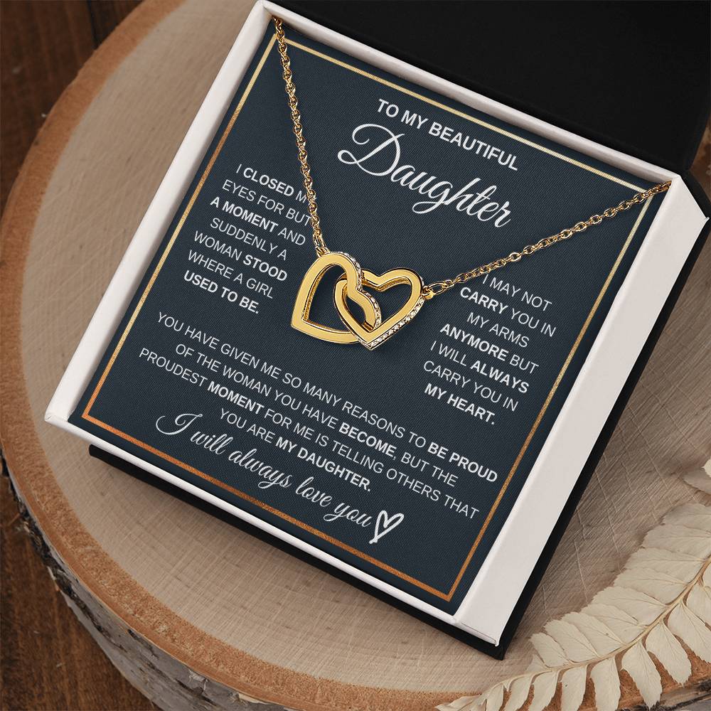 Heart pendant necklace with gold heart charm on gold chain, laid in gift box