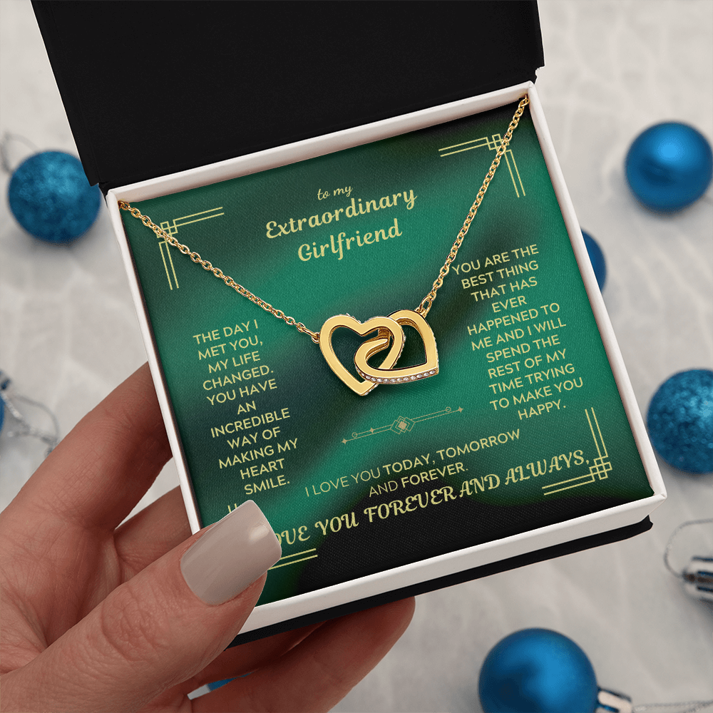 Heart interlocking necklace with gold-tone pendant and fine chain, in green gift box