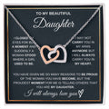 Daughter heart pendant necklace with two-tone heart charm on silver chain, gift box