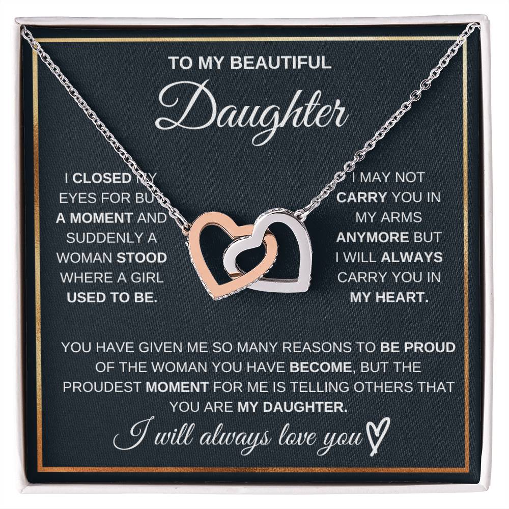 Daughter heart pendant necklace with two-tone heart charm on silver chain, gift box