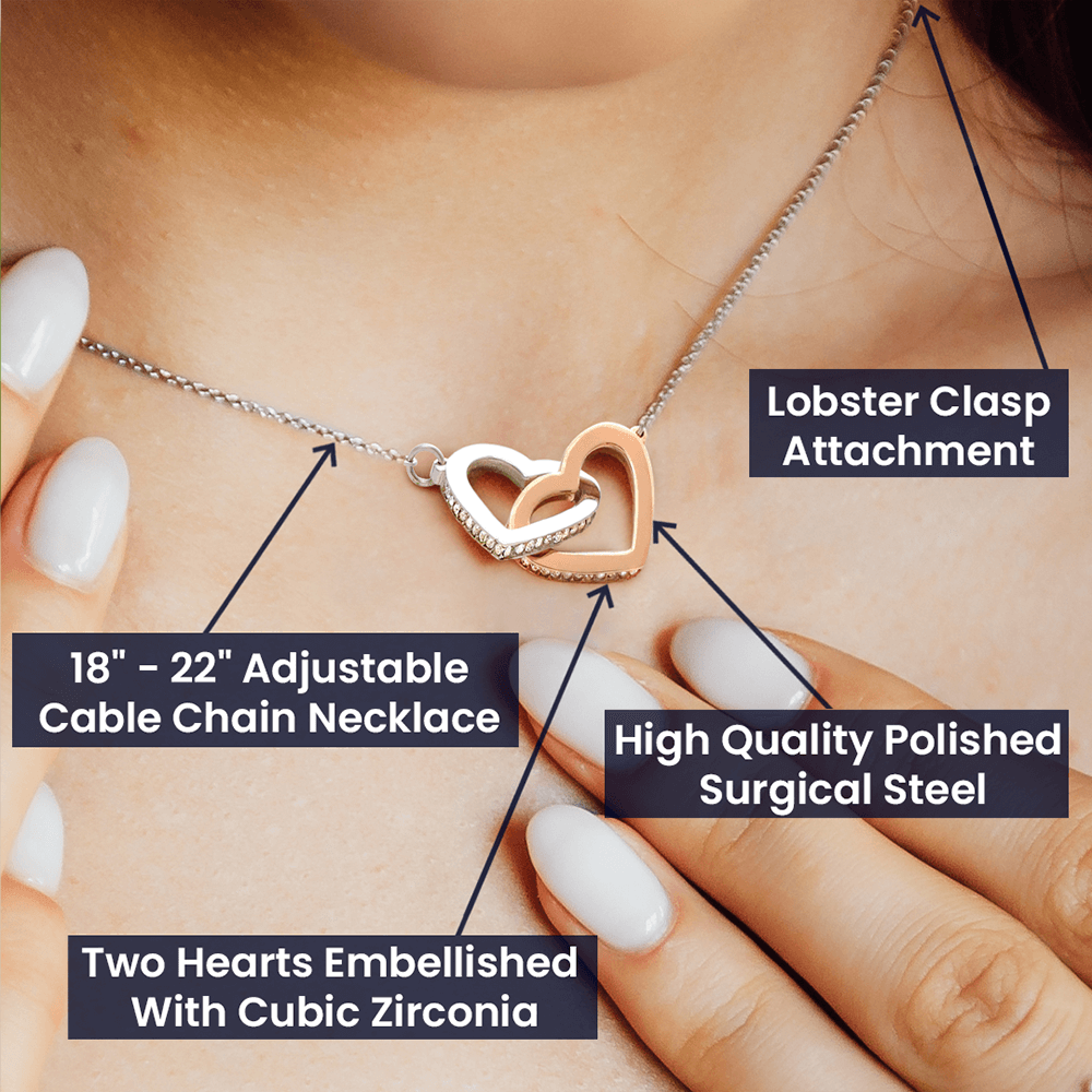Rose and silver interlocking hearts necklace with adjustable cable chain and clasp