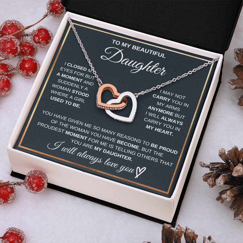 Daughter heart pendant necklace with rose gold heart and silver chain in gift box