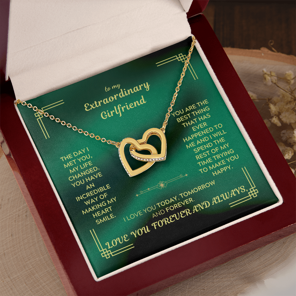 Gold heart pendant necklace in gift box with green message card and chain
