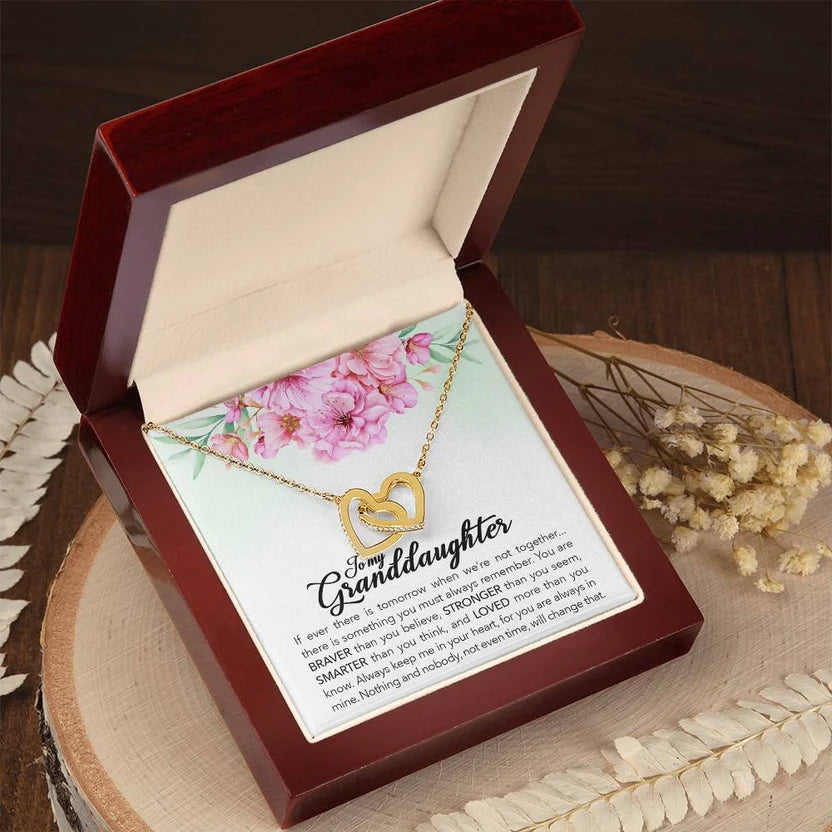 Gold heart pendant necklace in red gift box with floral card and chain