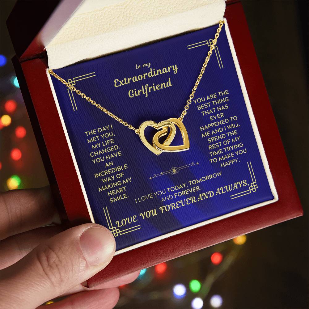 Gold-tone heart necklace displayed in blue gift box with message card