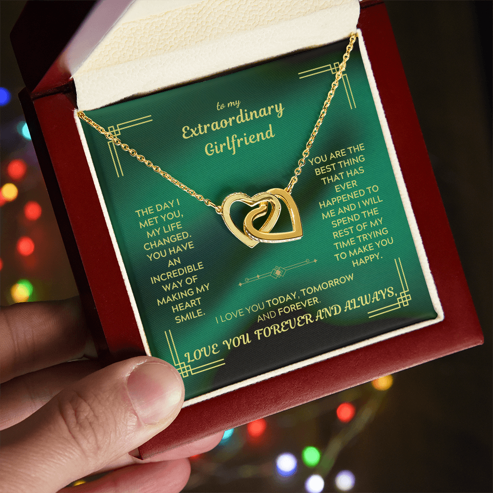 Gold heart pendant necklace set in gift box with green message card