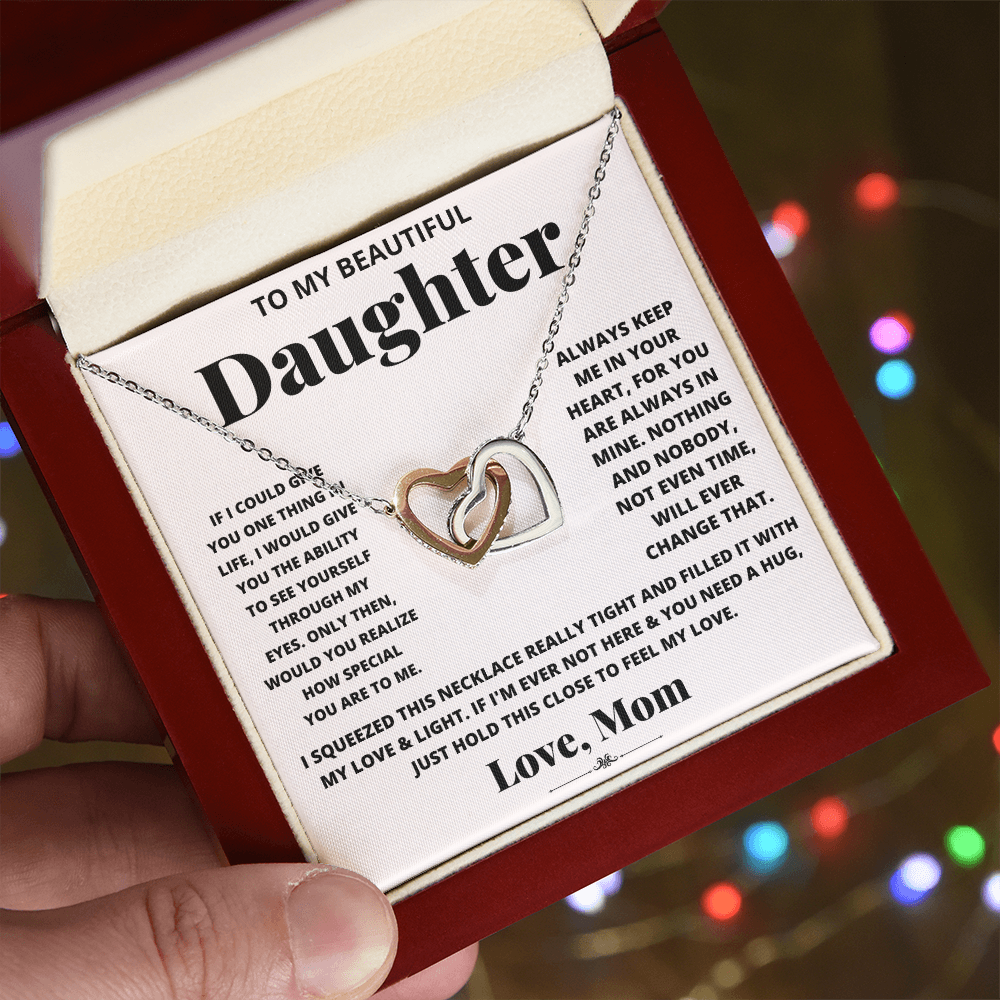 Daughter heart necklace gift set with rose-gold heart pendant on silver-tone chain.