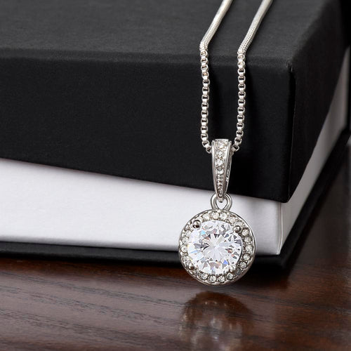 Silver-tone pendant necklace with round halo cubic zirconia charm and link chain
