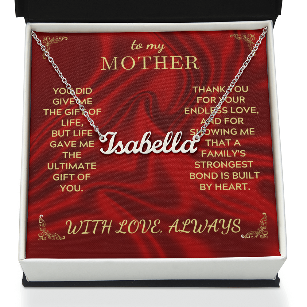 Personalized name necklace with Isabella pendant and gold-tone chain in open gift box