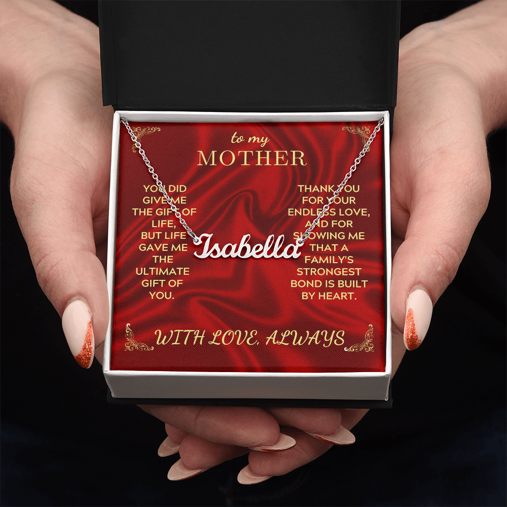 Personalized name necklace with Isabella pendant and gold-tone chain in gift box, held