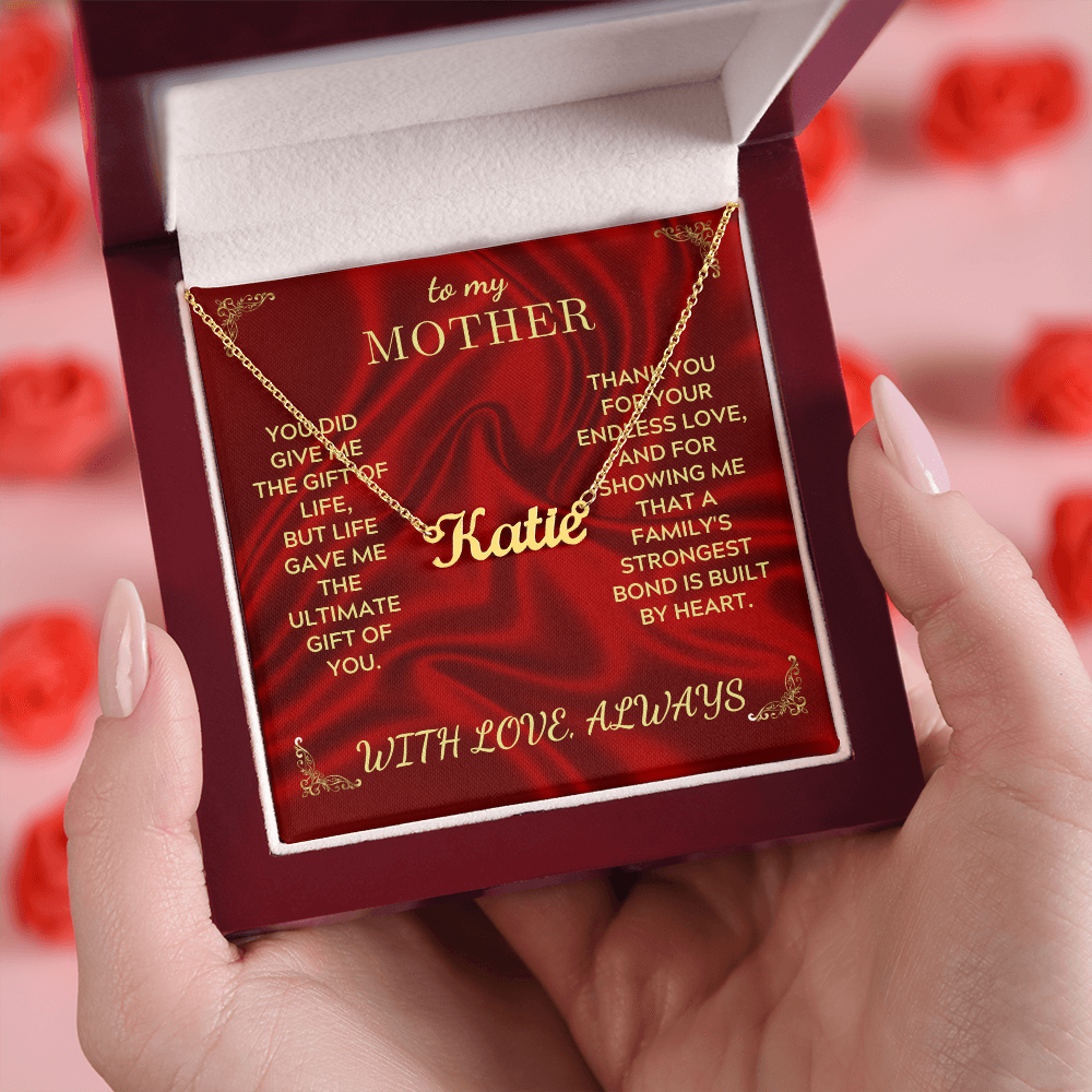 Personalized name necklace with gold chain, Katie name on burgundy box held in hands