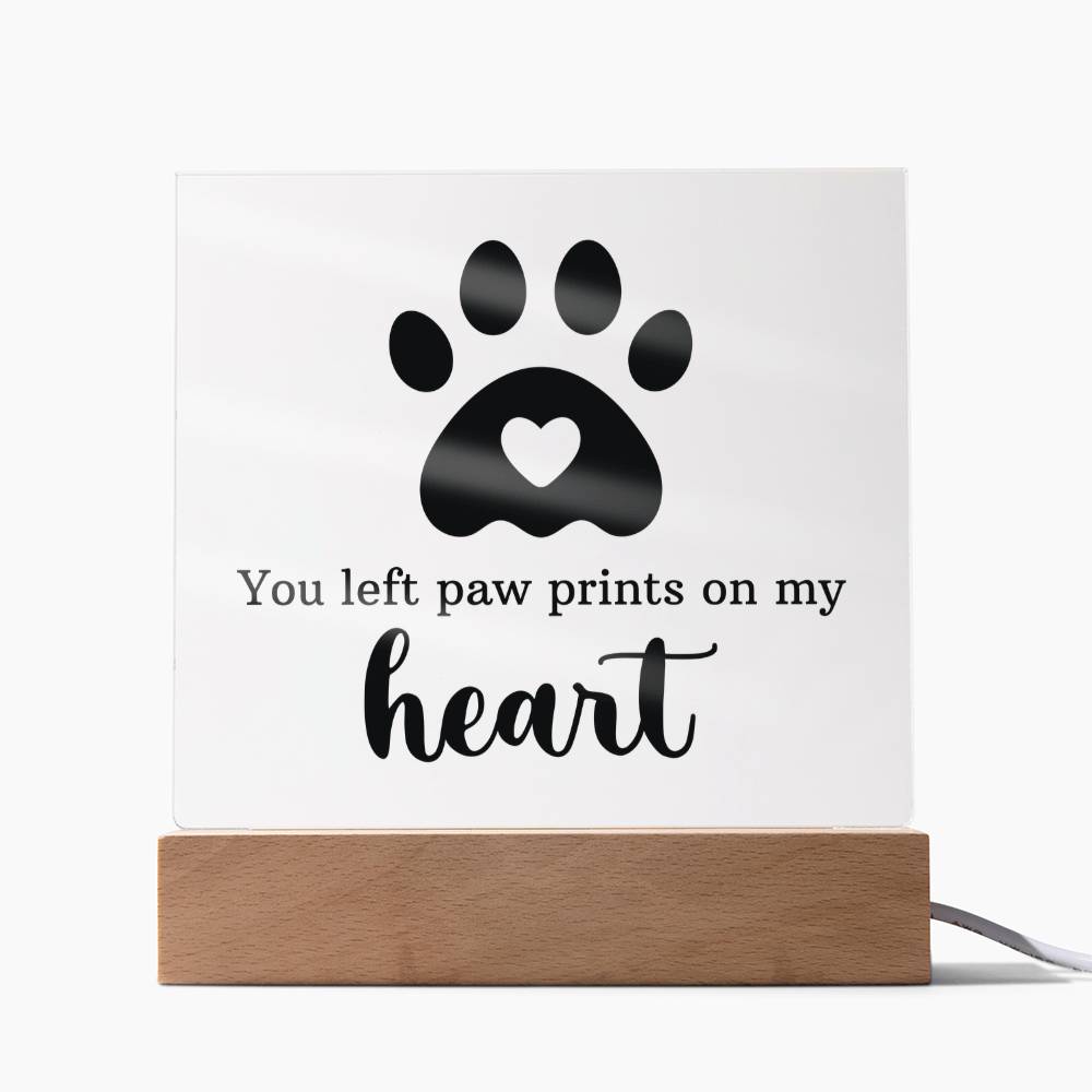 Square acrylic display with paw-print heart design and wooden base