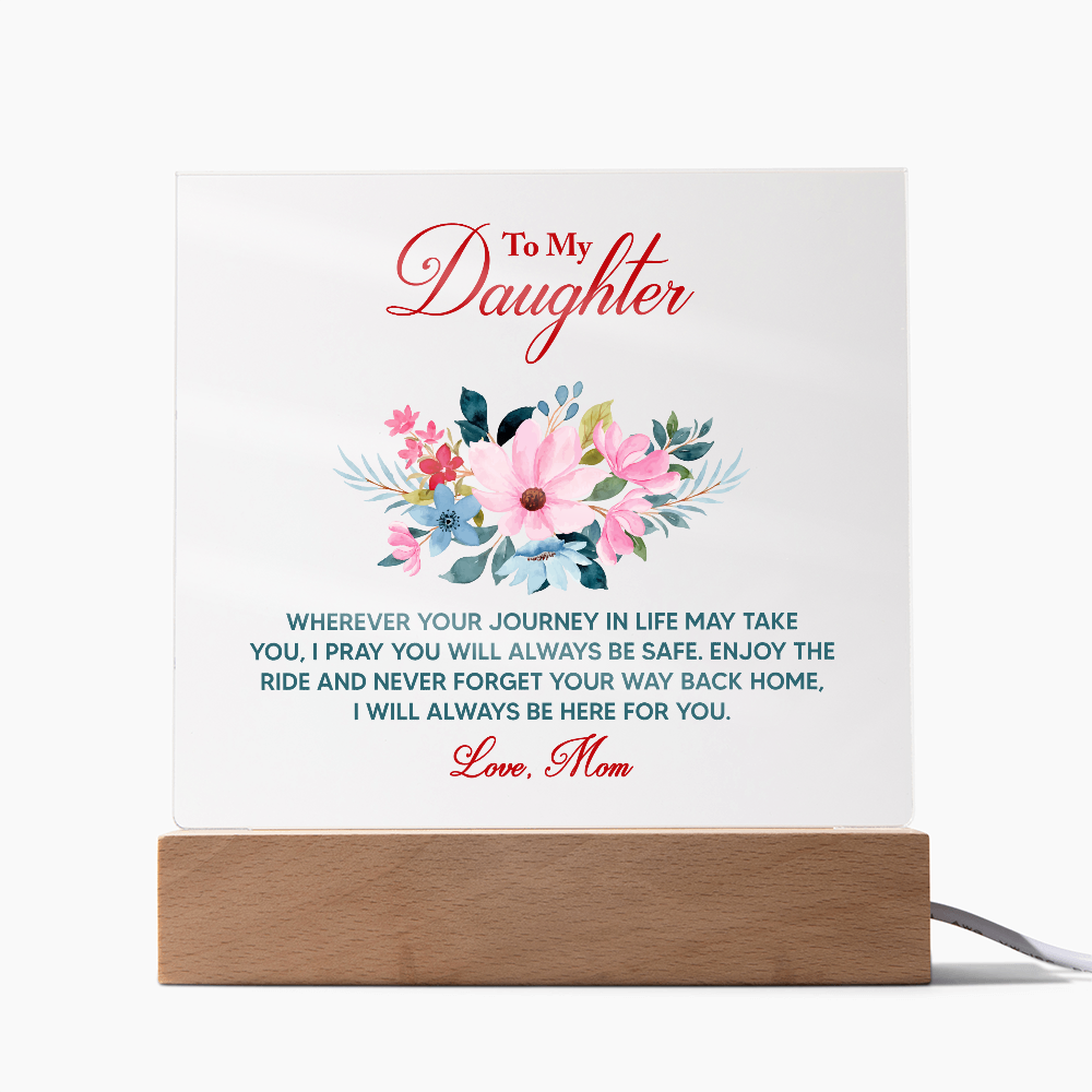 Acrylic keepsake plaque with floral bouquet and message text on wood base
