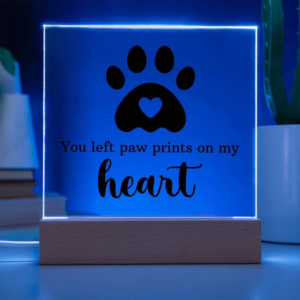 Acrylic keepsake with paw-print heart design, blue LED border and wooden base