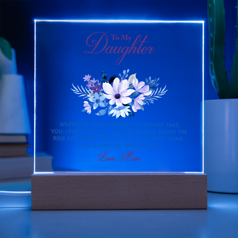 LED acrylic keepsake with floral bouquet and red 'To My Daughter' on wood base, blue glow
