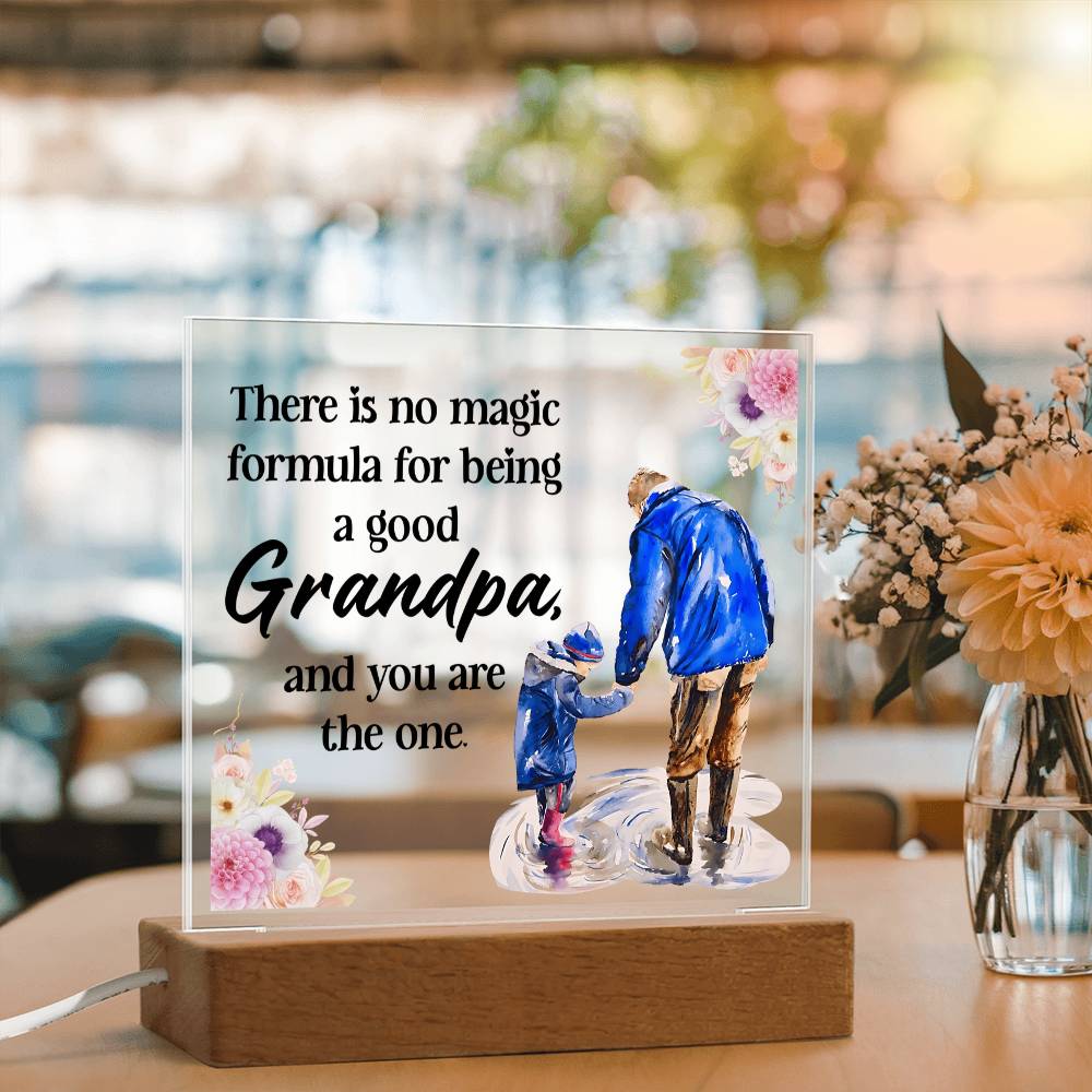 Acrylic LED tabletop plaque with Grandpa and grandson illustration on a wood base