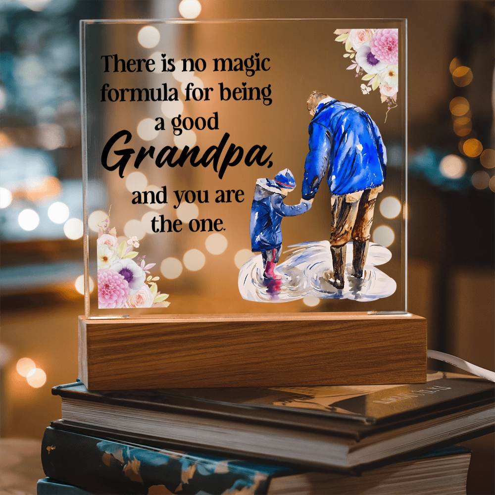 Warm-lit acrylic LED Grandpa plaque with floral accents and wood base