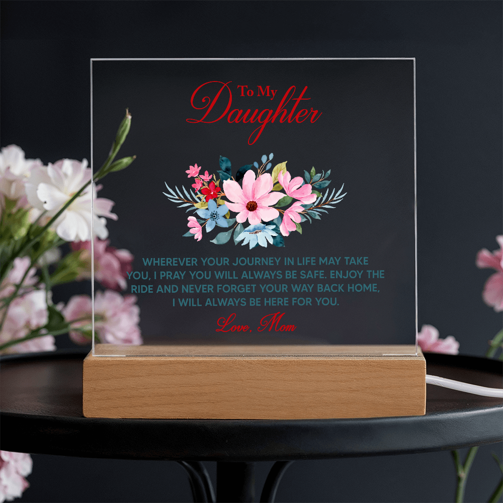 Acrylic keepsake plaque with floral bouquet and red 'To My Daughter' text on wood base